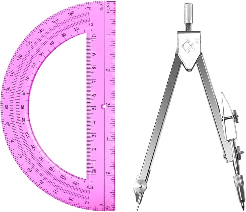 Tdfronien Students Geometry Math Set, Drawing Compass and 6 Inch Transparent Swing arm Protractor 180 Degree Math Protractor (Pink) - Image 1